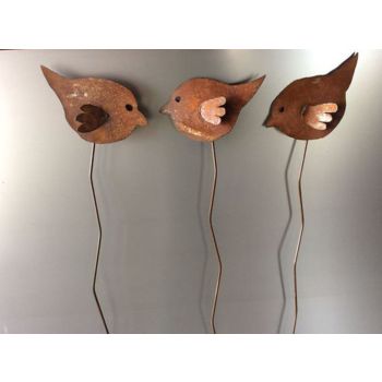 3 Birds on A Stake (Set of 3) - Traditional Forge Hand Made, Garden Ornaments - Steel - W10.2 x H61 cm - Bare Metal/Ready to Rust